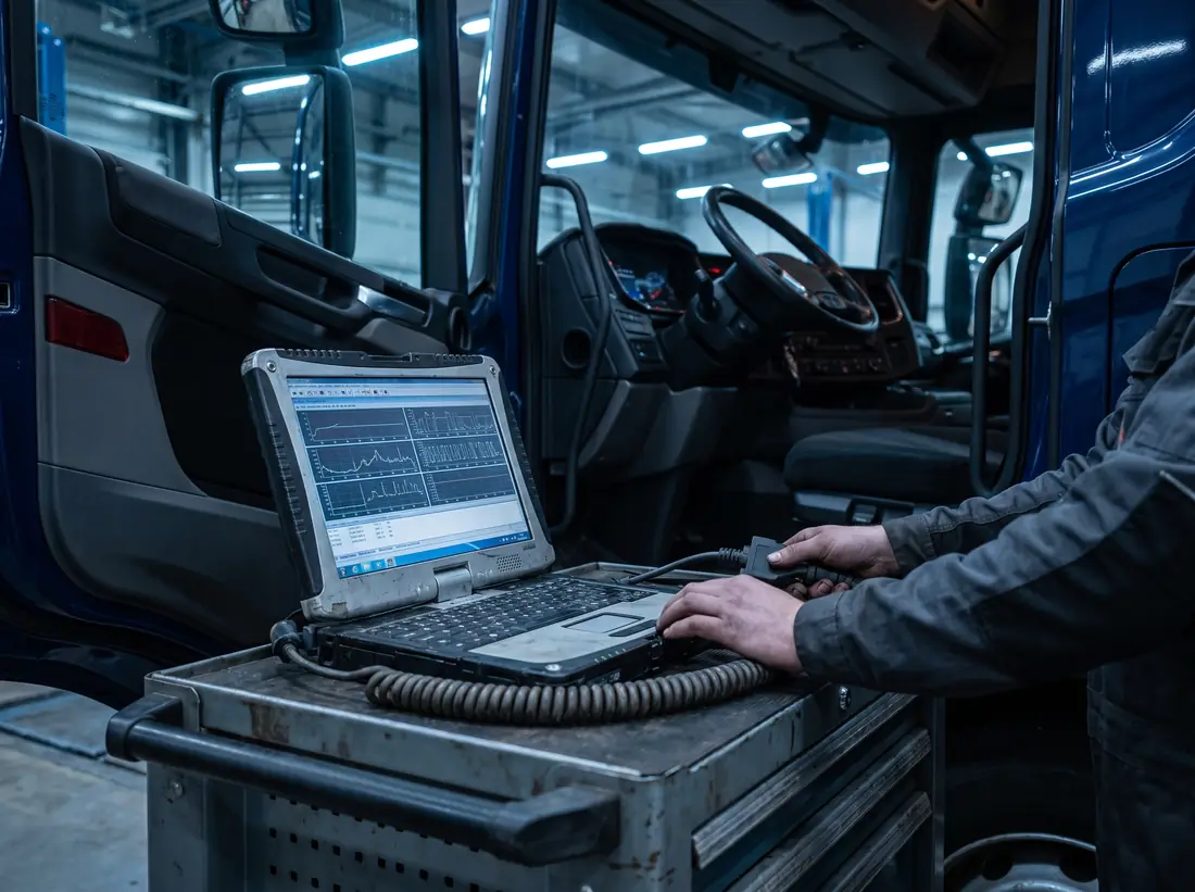 Computadora de diagnóstico conectada a la cabina de un camión